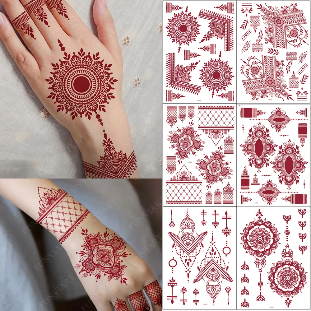 Maroon Henna Tattoo Stickers for Women Temporary Tattoos Mandala Mehndi Stickers for Hand Fake Tattoo for Wedding Party