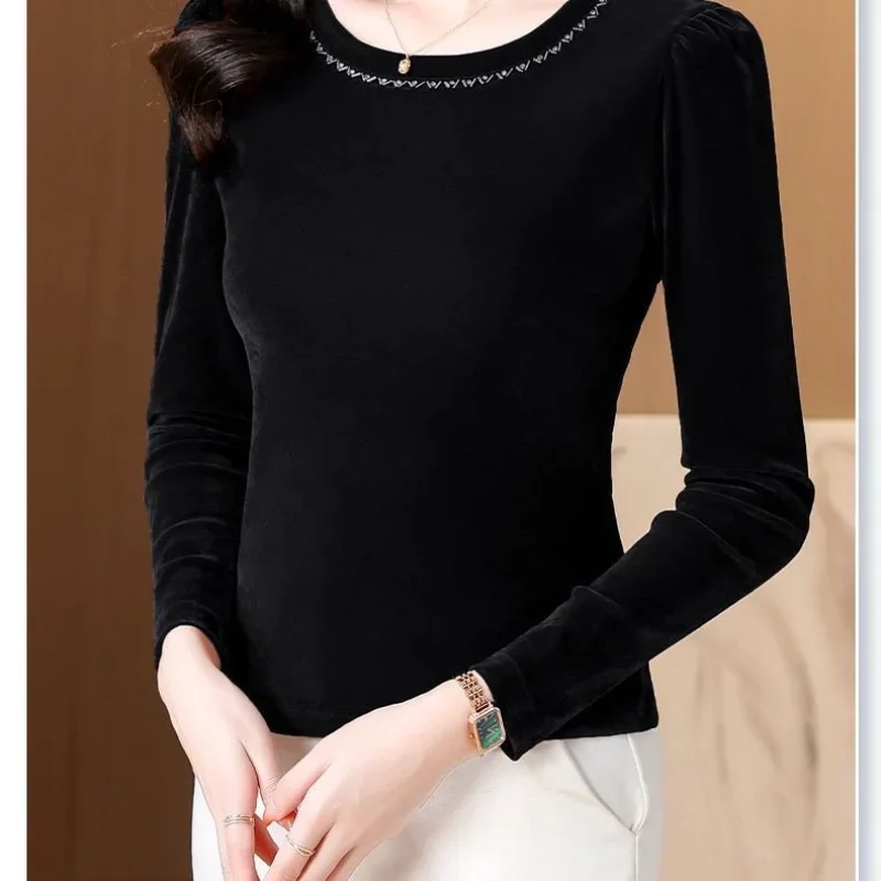 Fashionable Diamond-inlaid Gold Velvet Base Shirt for Women with Slim Fit Inside Long-sleeved T-shirt Noble and Fashionable Top
