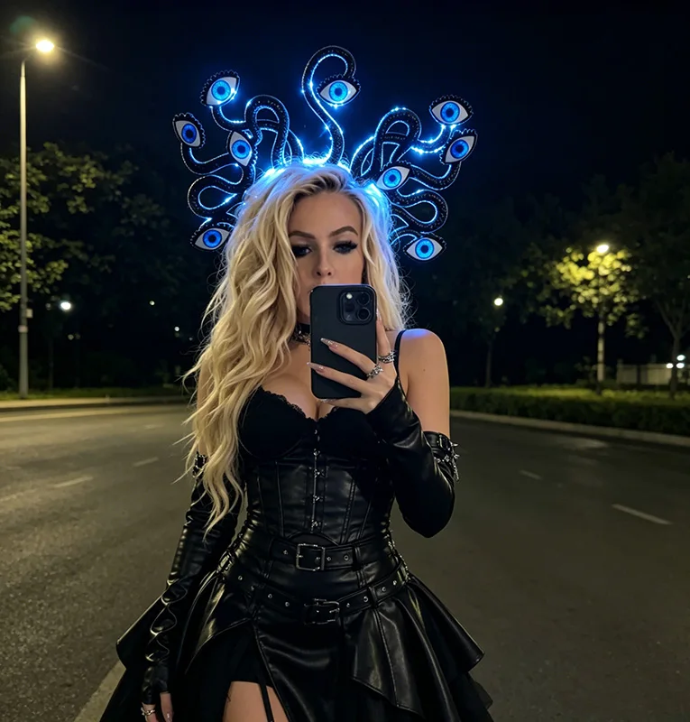 Glow-in-Dark Evil Eye Snake Headband – Surreal Trippy Monster Crown for Rave & Halloween Glowing Headdress