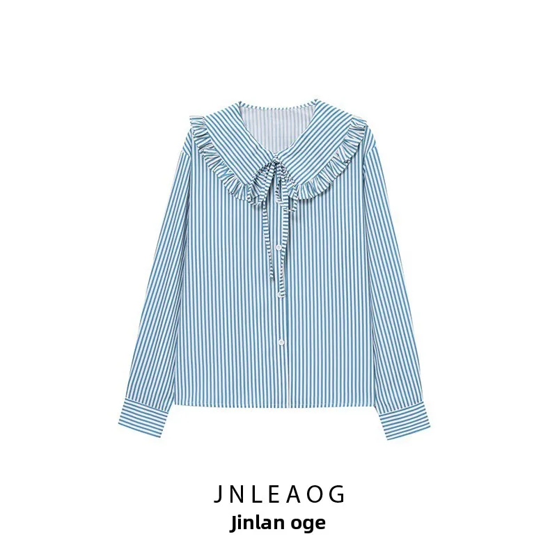 Faionable rayé irt poupée col femmes Sle printemps nouveau JNLEAOG décontracté ample Polyester fibre longue Sve v-ne bouton