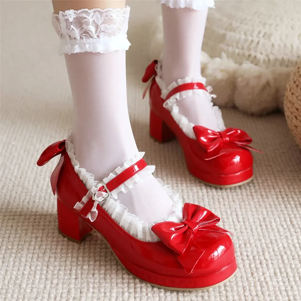 Woman Chunky Heel Lace Lolita Shoes Patent Leather Cute Bow Mary Jane Pumps Bride Wedding Cosplay Party Purple Heels Size 32 33