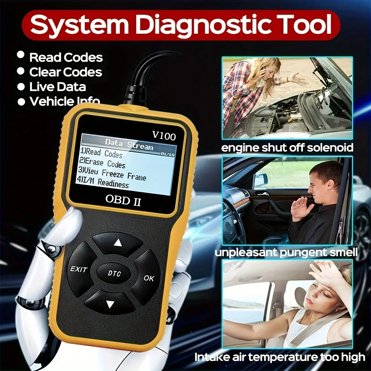 OBD2 Car Code Reader - Engine Fault Diagnostic Scanner, USB Powered, Compatible with All Cars Since 1996