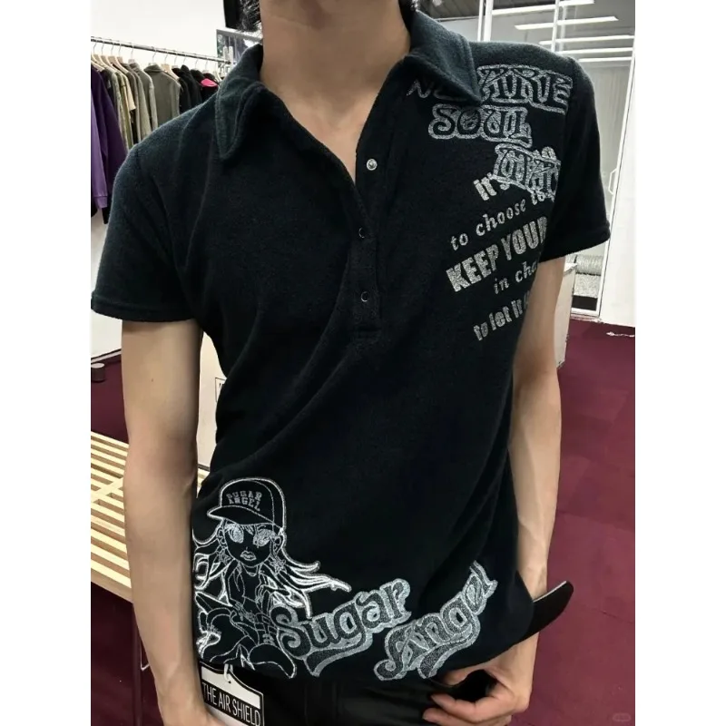 

Deeptown Black Letter Print Punk Women T-Shirt Y2k Short Sleeve American Vintage Polo Collar Tee Harajuku Slim Subculture Summer