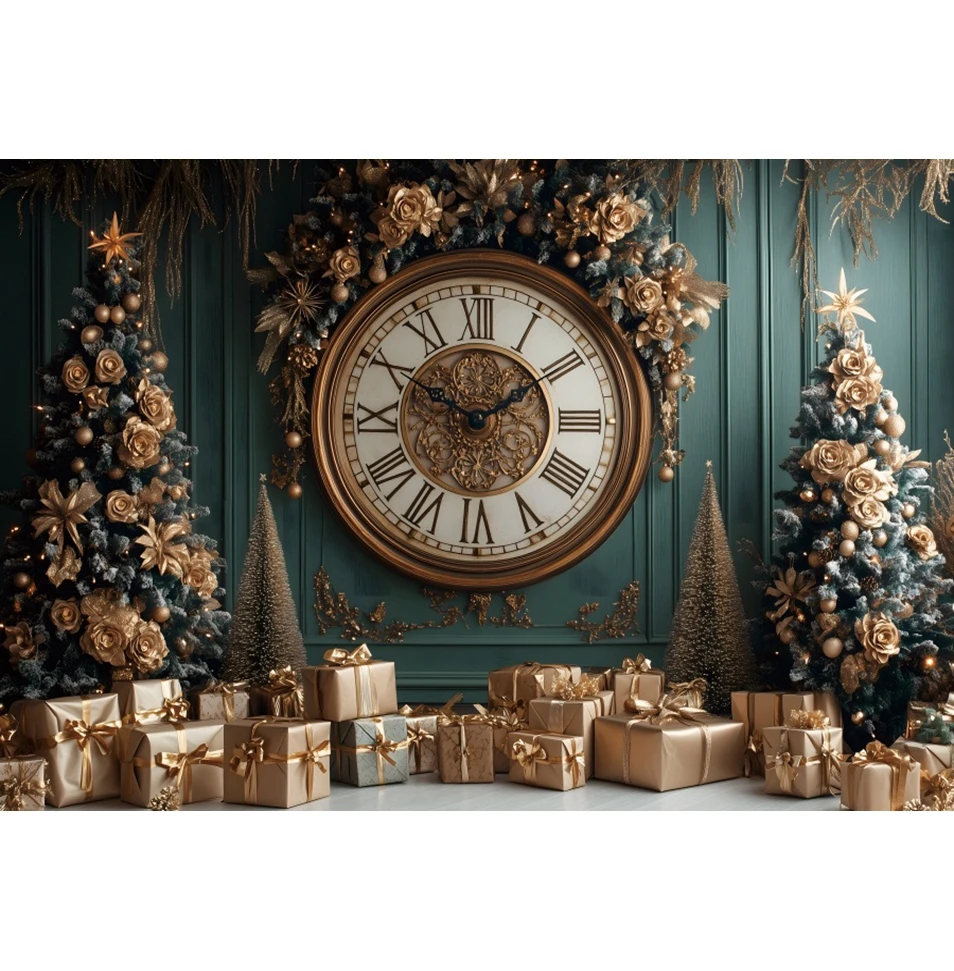 Christmas Tree Clock Backdrop Red Green Vintage Wall Interior Baby Kids Portrait Xmas New Year's Party Photography Background