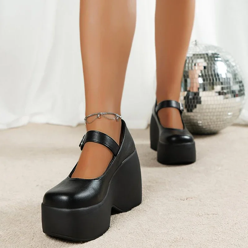Women\'s Platform High Heels Gothic Lolita New Mary Jane Shoes Casual Woman Heeled Party Wedges Thick Bottom Pumps Black Loafers
