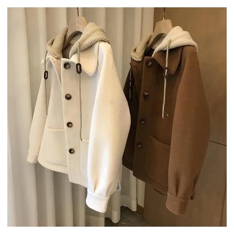 Men's Thiened Knitted Woolen Coat with Hat Autumn Winter plus Size 300 Pou High Quali Splicing Cotton irt