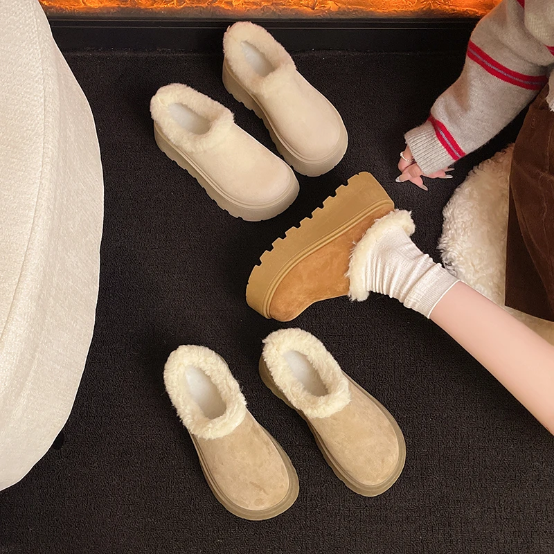 Platform High Heels Women Fur Slippers Suede Mules Shoes Winter 2025 Trend New Casual Snow Boots Short Plush Warm Cotton Shoes