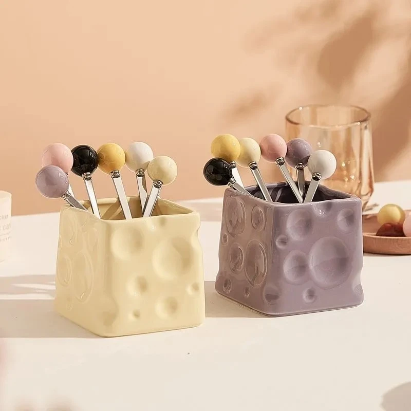 1pc Ceramic Mouthwash Cup Spoon Fork Storage Cup Cheese Ceramic Jar Household Daily Necessities Makeup Brush Storage Cup