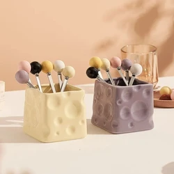 1pc Ceramic Mouthwash Cup Spoon Fork Storage Cup Cheese Ceramic Jar Household Daily Necessities Makeup Brush Storage Cup