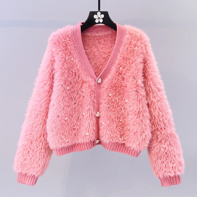 

Knitwear Cardigan Fall Winter Women's Clothing Soft Fashion V-neck Pull Femme New Ropa Mujer Diamond Knit Cropped Sweater Coat