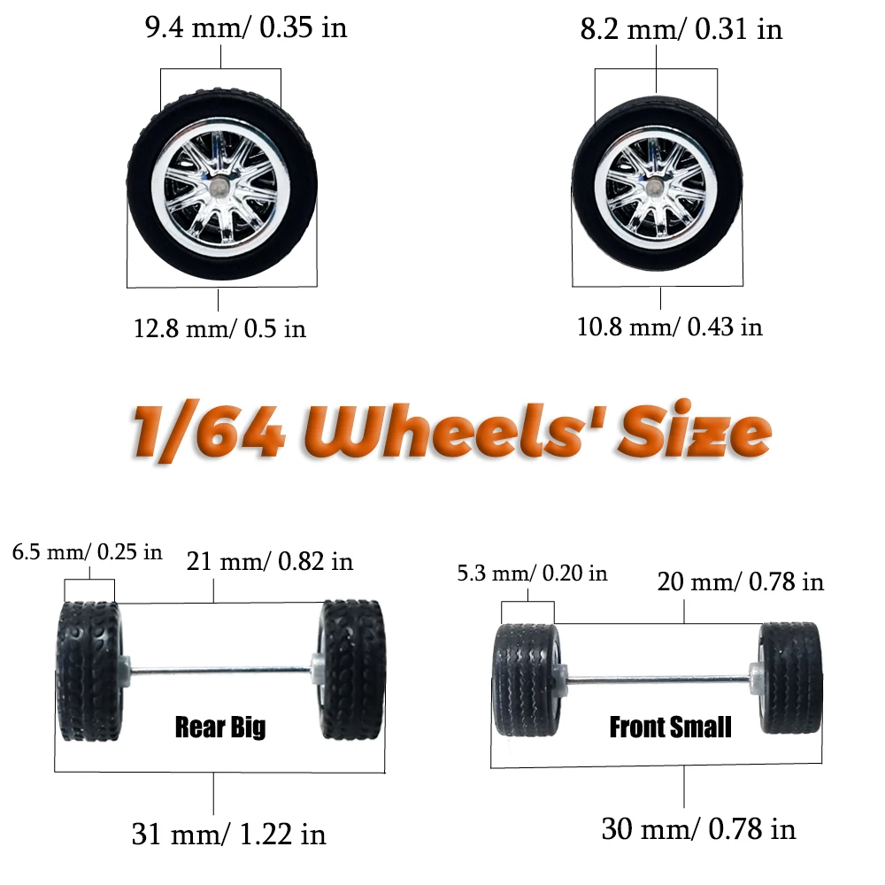 KICARMOD 1:64 LYC Small front and Big Rear Wheels For Model Car with Modified Parts Racing Vehicle Toy Hotwheels