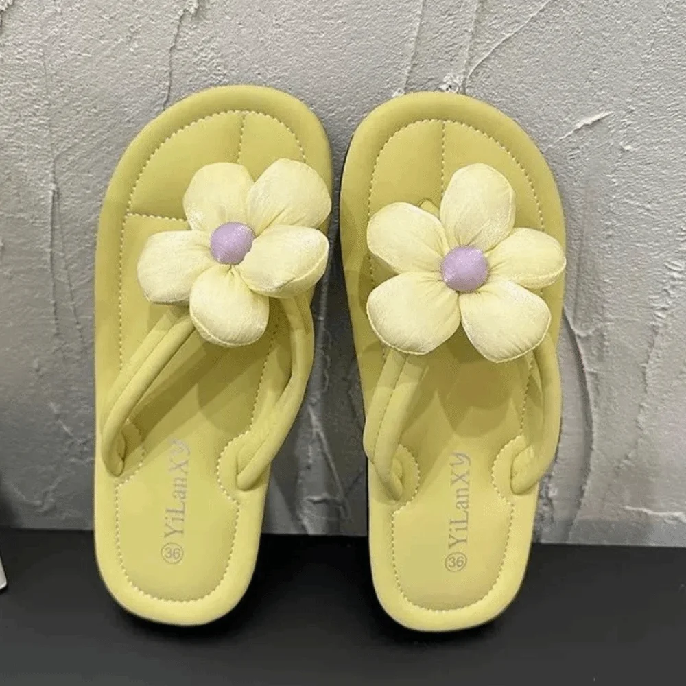 3D Flowers Women's Slippers Soft Sole Non-Slip Summer Flip-flops Solid Color Versatile Beach Platform Slippers Indoor Outdoor