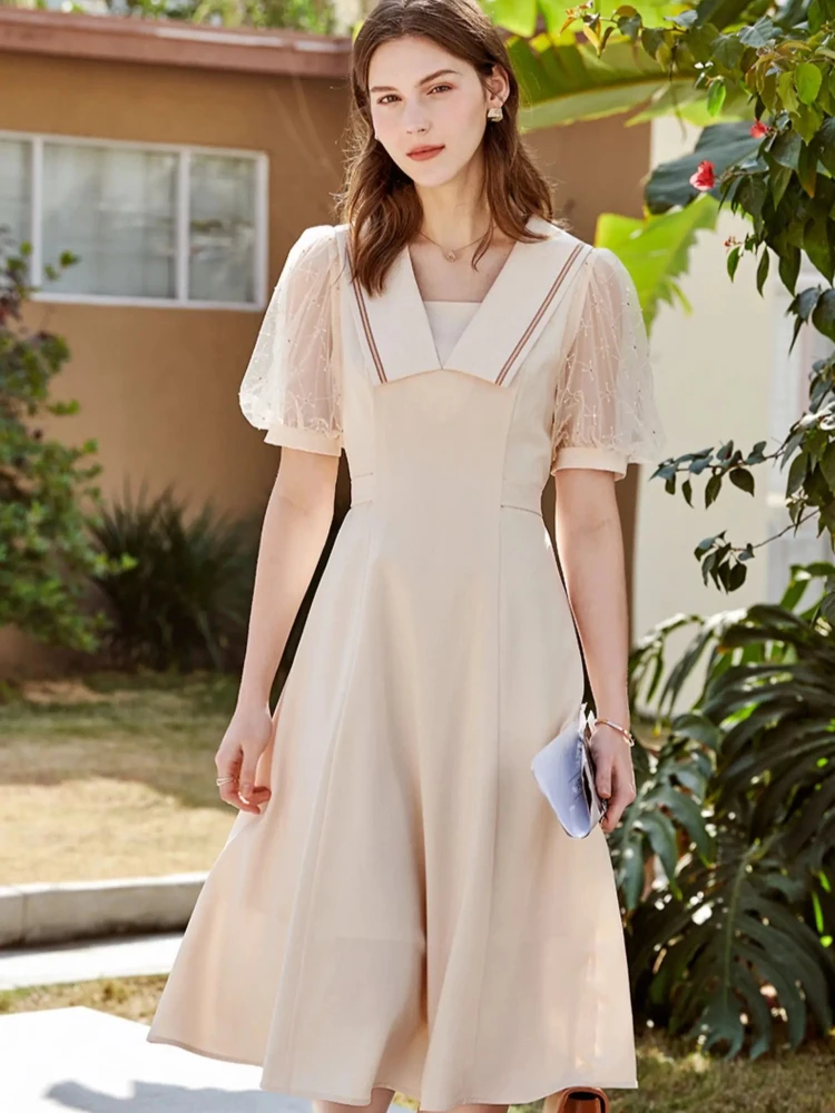 

OLrain A-line Sailor Collar Dresses Women 2025 Spring Summer Solid Chic Puff Sleeve Lace-up Waist Long Dress Female O21XL39512