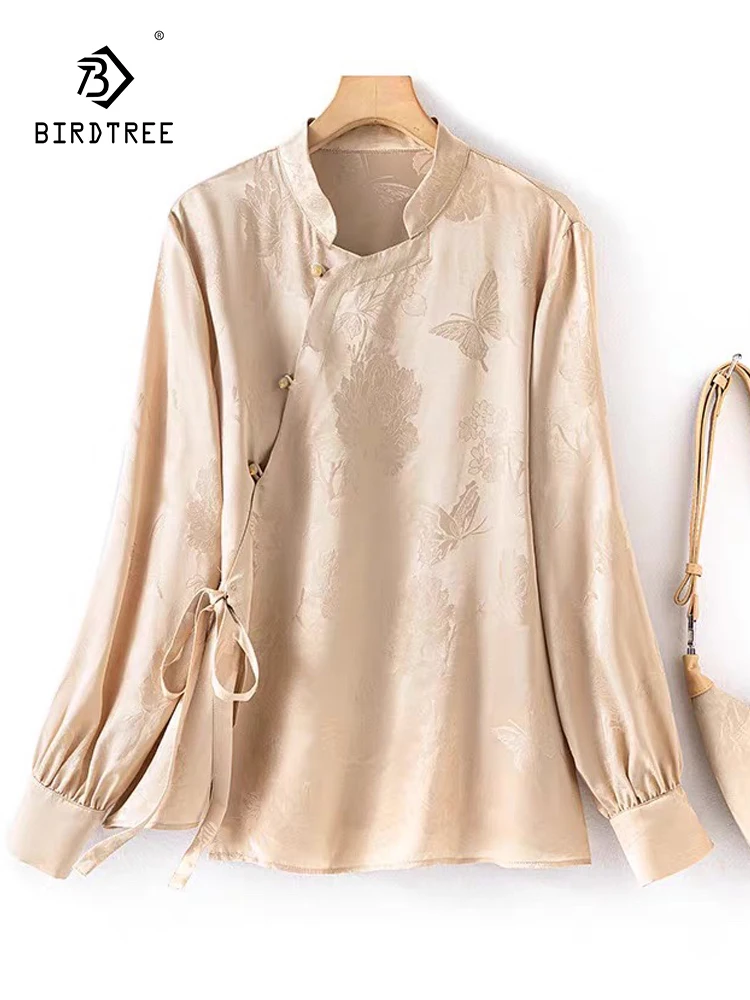 

BirdTree-100%Real Silk Elegant Shirt, Women O Neck Jacquard Bandage, Retro New Chinese Style Loose Blouse, 2025 Summer T55353CC