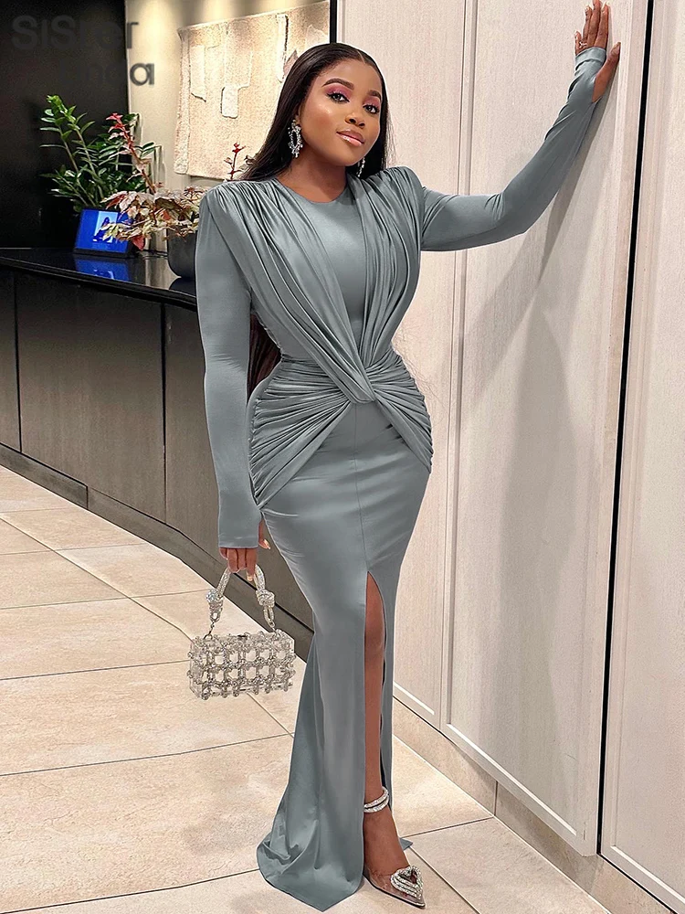 Sisterlinda Elegant Ruched Maxi Dress Women Long Sleeve O-Neck Classic Cross Split Body-Shaping Robe Female Party Vestidos Mujer