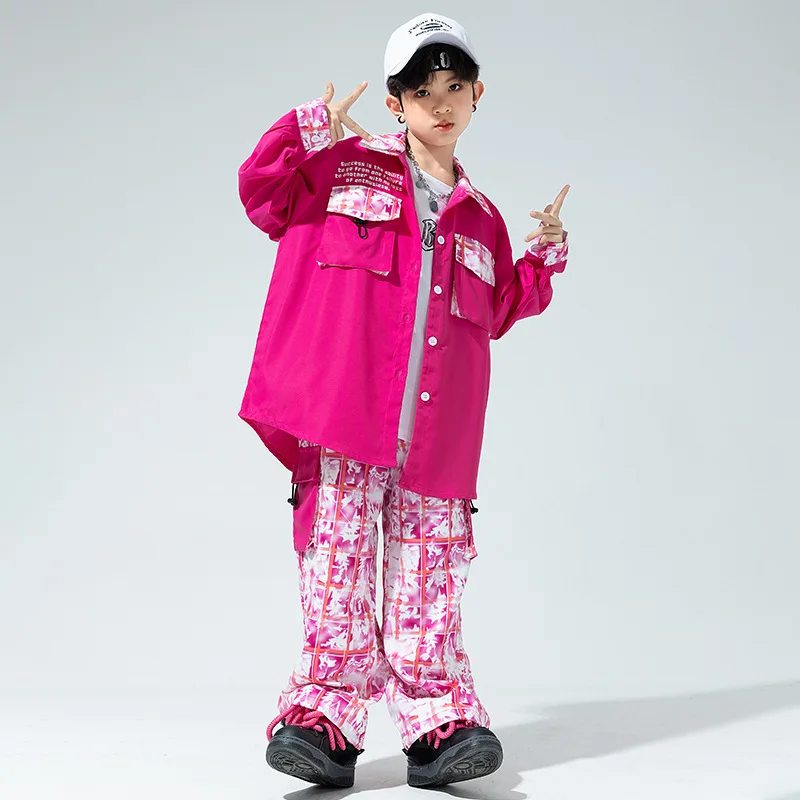 Kid Hip Hop Clothing Rose Oversized Shirt Checkered Print Casual Pockets Cargo Pants for Girl Boy Jazz Dance Costume Clothes Set