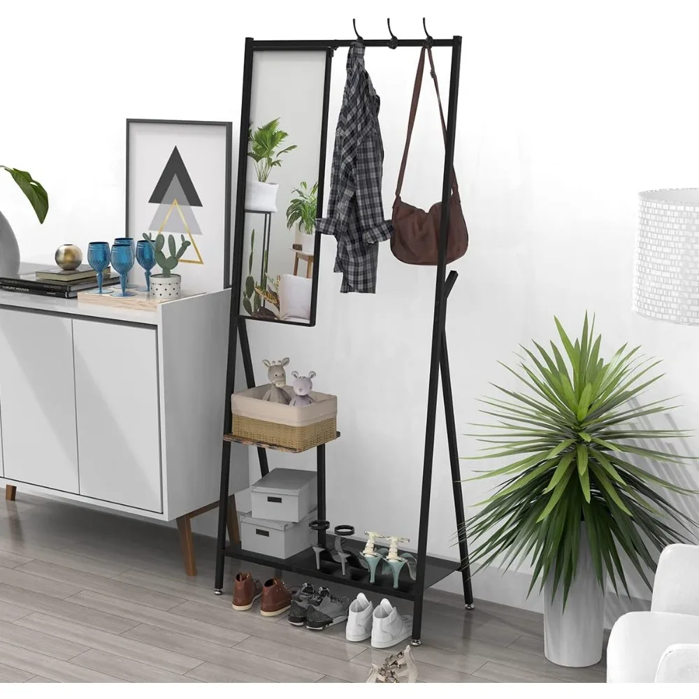 

Coat Rack, Aluminium Coat Rack with Mirror Bench Shoe Storage Shelves for Primary Living Room Furniture, Coat Racks
