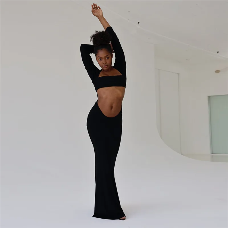 Hollow Cut Out Long Sleeve Maxi Dresses for Women 2024 Elegant Sexy Gown for Ladies Evening Party Black Dress