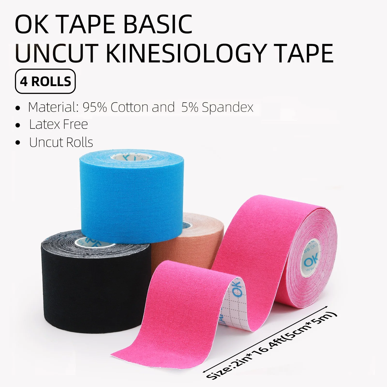 4Rolls OK TAPE Kinesiology Tape 5cmX5m, Regular Original Cotton Elastic Athletic Sports Tape for Support and Recovery 2inX16ft