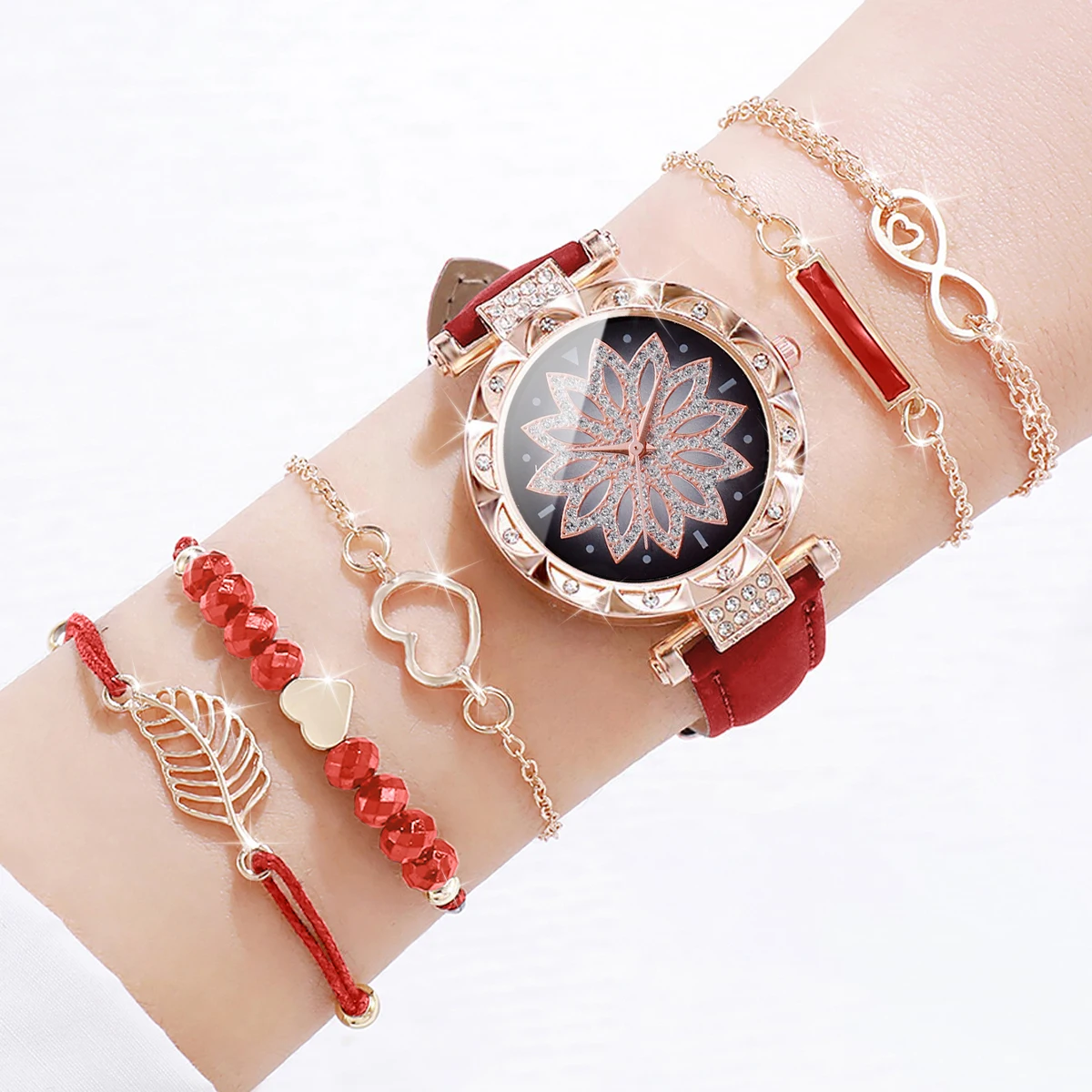 6pcs/set Fashion Women Leather Strap Flower Quartz Watch & Bracelet Set