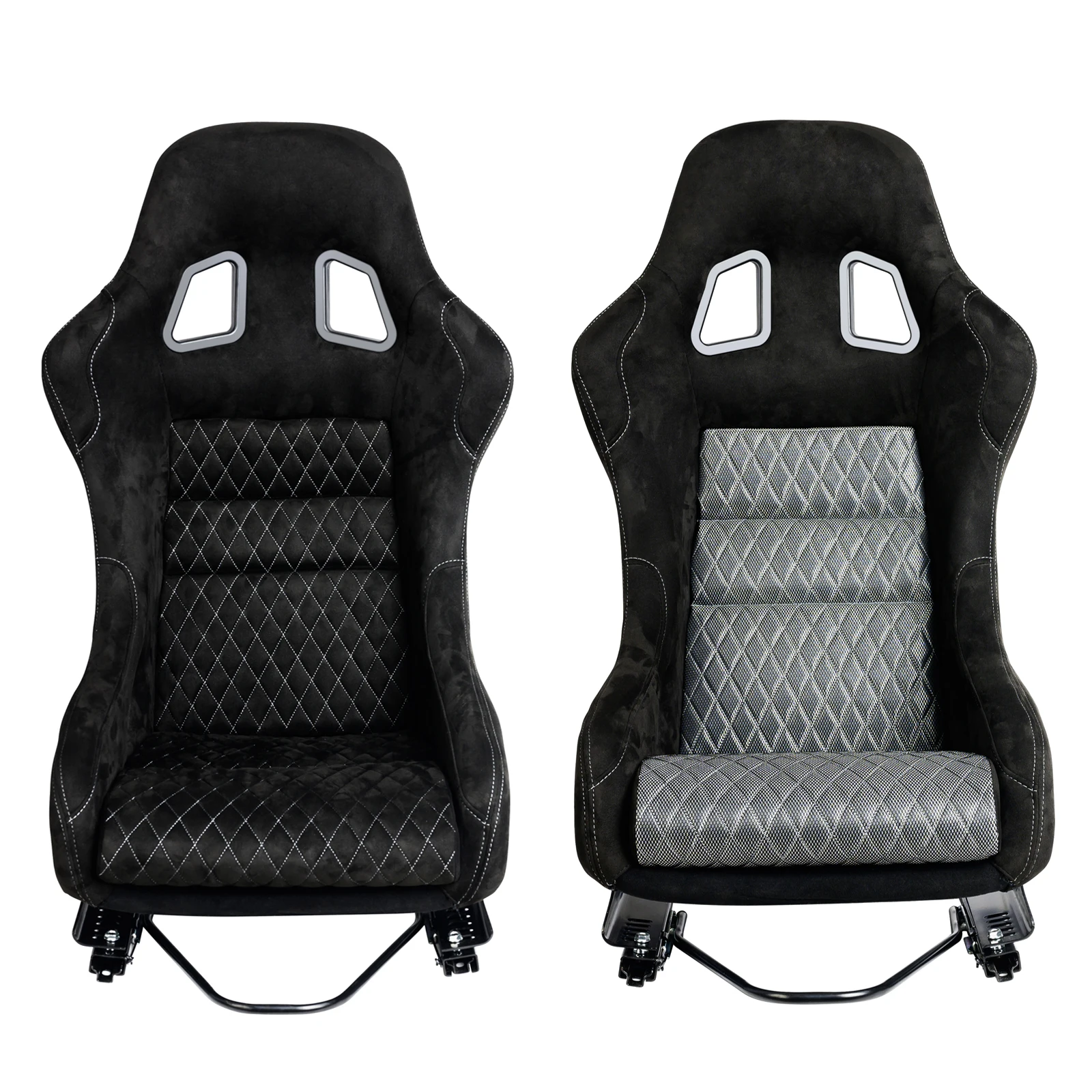 

Size L 1PC of Universal Fiber Glass Racing Bucket Seat, Silver Mesh Shiny Fabric w/Dual Lock Slider, Two Different Color cushion