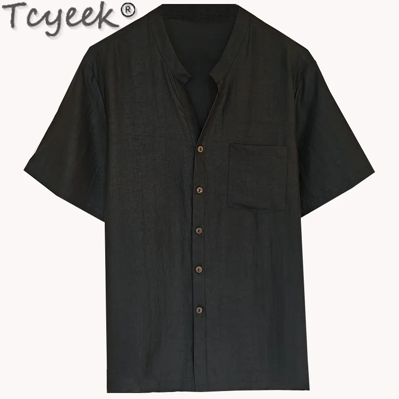 

Tcyeek 100% Mulberry Silk black Shirts for Men Summer Clothes Short Sleeve Top Casual Mens Shirt Loose Fit 2024 Camisa Masculina