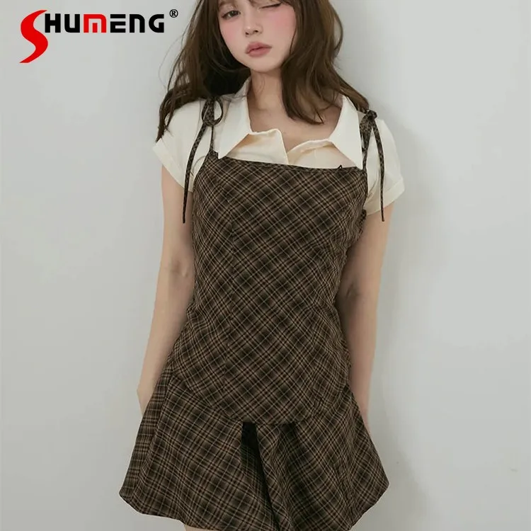 

Japanese Style Polo Collar Short Sleeve Single-Breasted Shirts Plaid Camisole Tops High Waist Short Skirts Three Piece Set Women