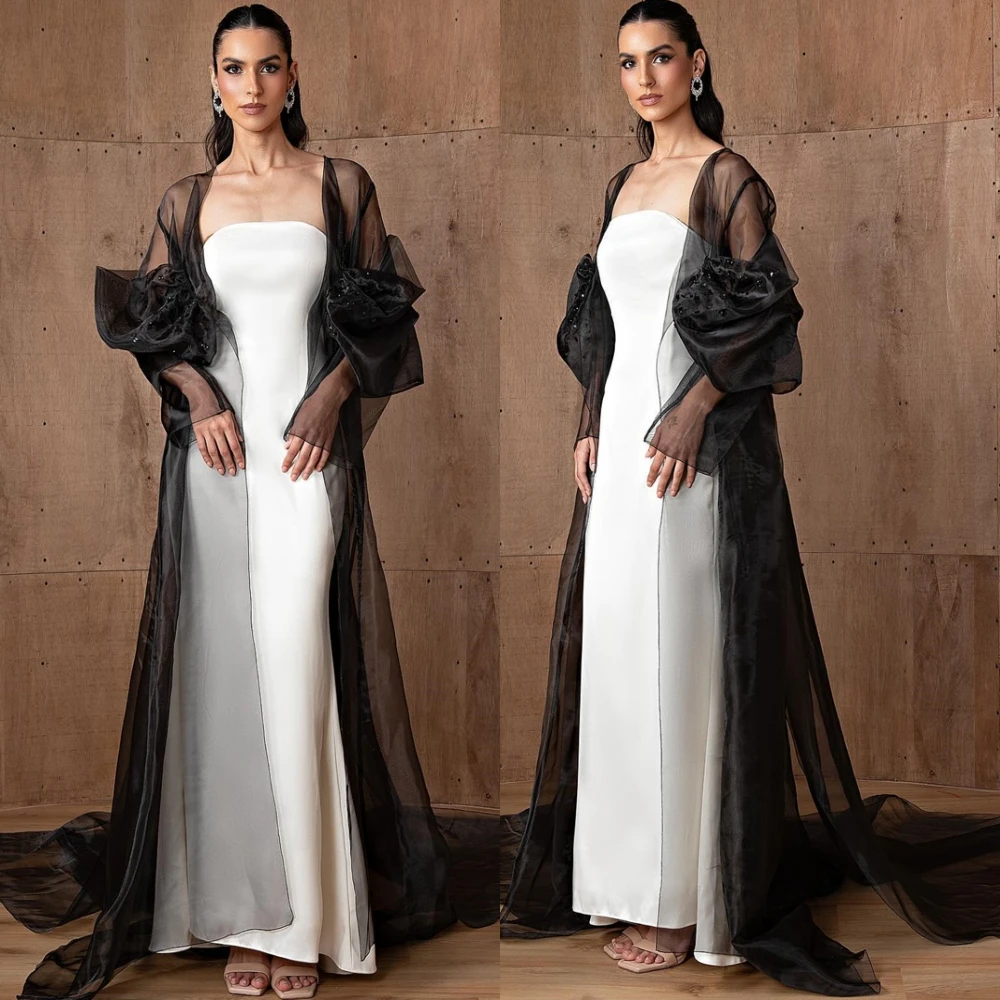 Customized Luxury Satin Evening Dress Delicate Shawl Strapless Prom Dresses Temperament Long Sleeves Special Occasion Gowns