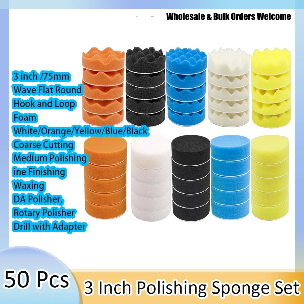 3 Inch 50Pcs Car Polishing Sponge Pads Kit 75mm Wave Buffing Foam Pad Hook Loop Buffer Pads for Car Paint Correction Waxing