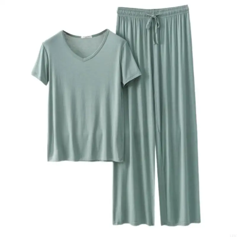 

L5YC Summer Sleepwear Outfit For Women Loose Fit Drawstring Loungewear Pants And Short Sleeve Top Solid Color Homewear Set