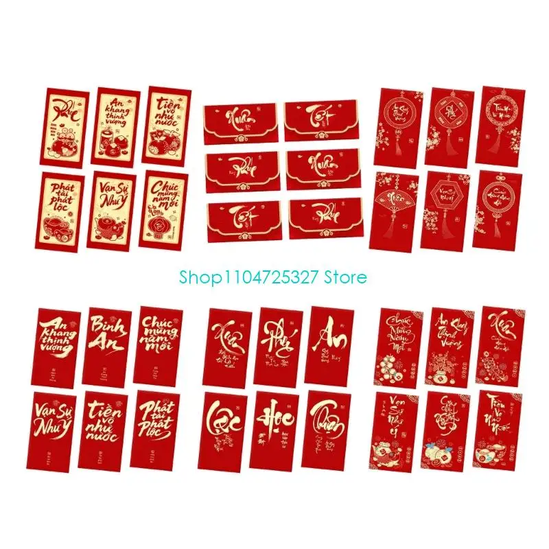 D8KF Pack of 6 2026 Horse Year Gold Frosted Red Envelopes Vietnamese Text Design