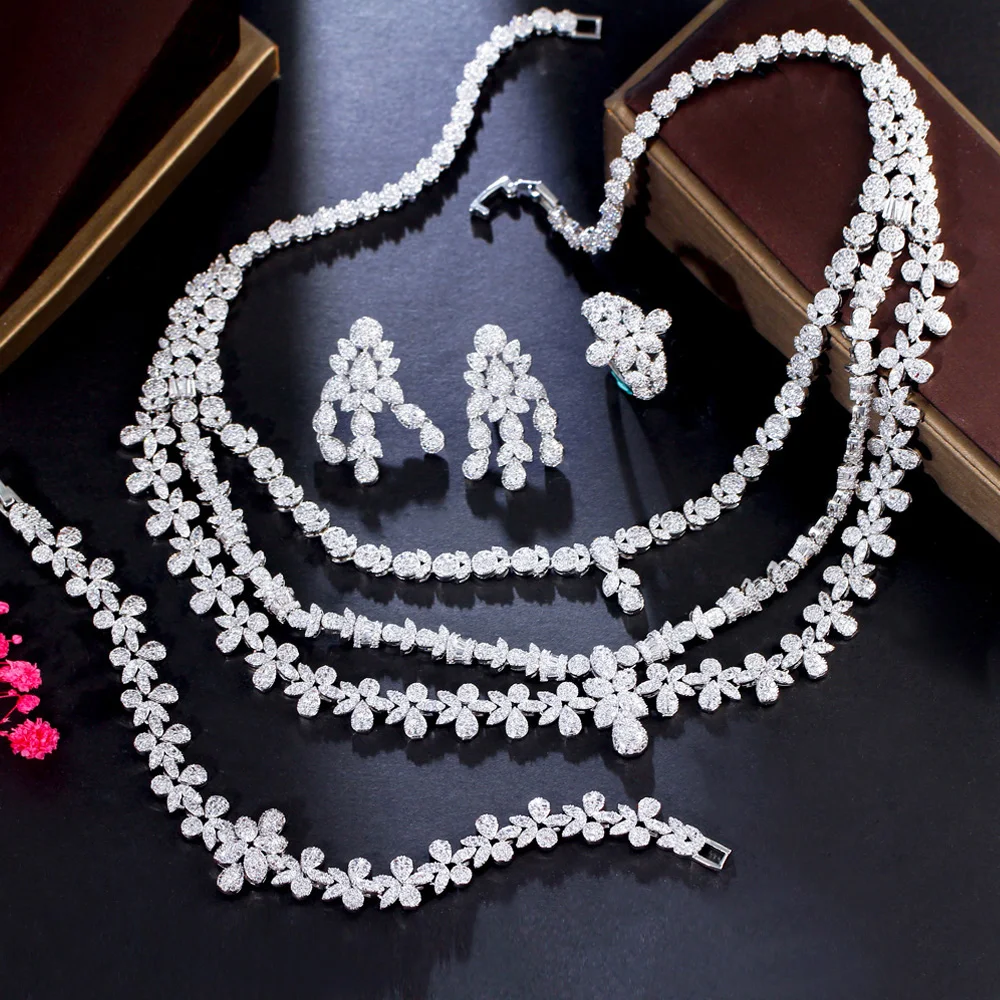 

Pera Elegant Shiny White CZ 3 Layers Leaf Drop Pendant Necklace Earrings Ring Bracelet Evening Party Jewelry Sets for Women J545