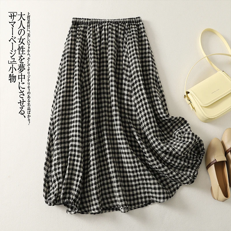 Korean Style Vintage Plaid Cotton Linen Skirts Women Summer New Lace-Up High Waist Casual Loose A-Line Bud Skirt