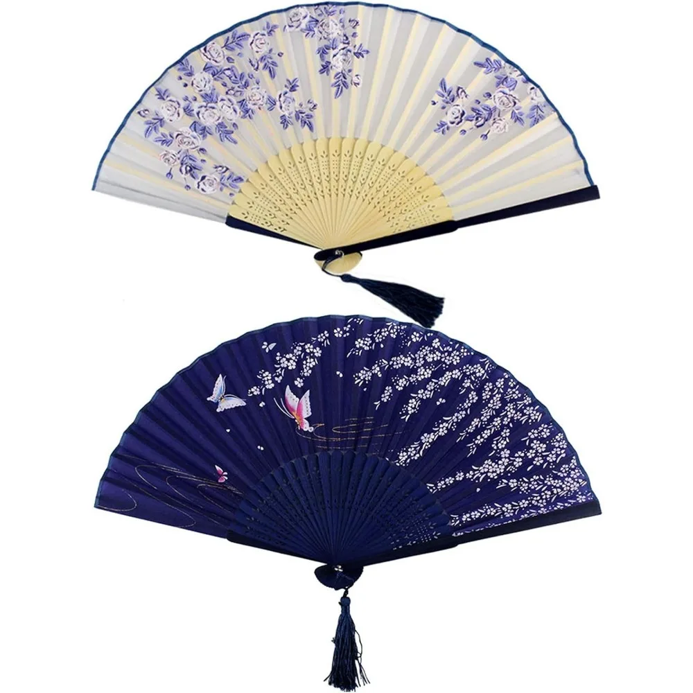 

Handheld Folding Fans Bamboo Frame Dance Cosplay Wedding Party Prop Decoration White Blue Set of Two