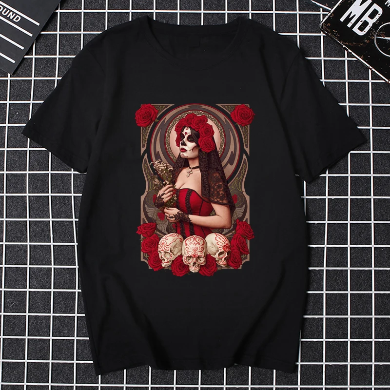 Santa Muerte T Shirt Men Women Lady of Holy Death Mexican Skull T-shirt Graphic Tee Tops Short Sleeve Streetwear Fashion Shirt