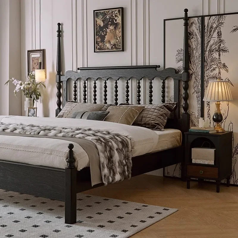 French retro solid wood  master bedroom double room windsor bed black American French 1.8m wedding bed