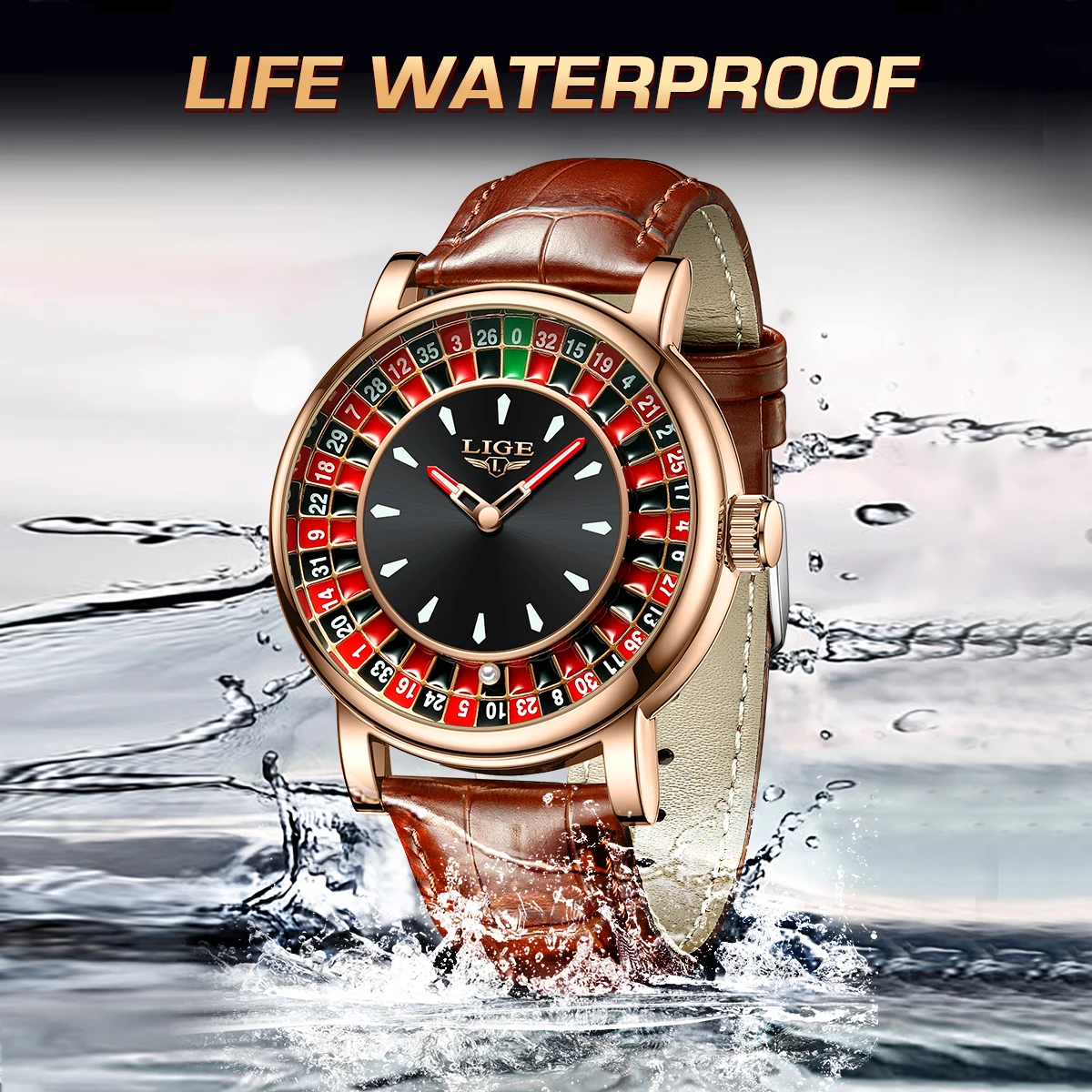 LIGE Arabic Numerals Rotating Dial Roulette Men Watch Luminous Quartz Man Wristwatch Fashion Leather Watch for Men Moveing Ball
