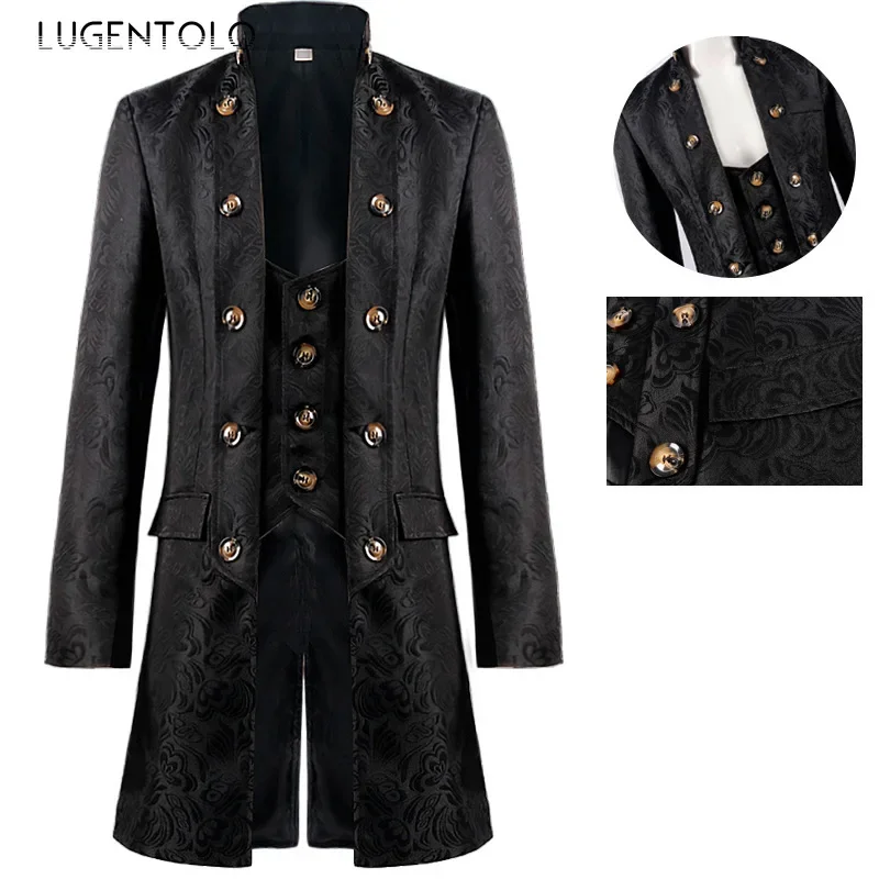 

Men Jacquard Tuxedo Coat Medieval Costume Vintage Three-breasted Steampunk Male Solid Tailcoat Party Court Long Jacket