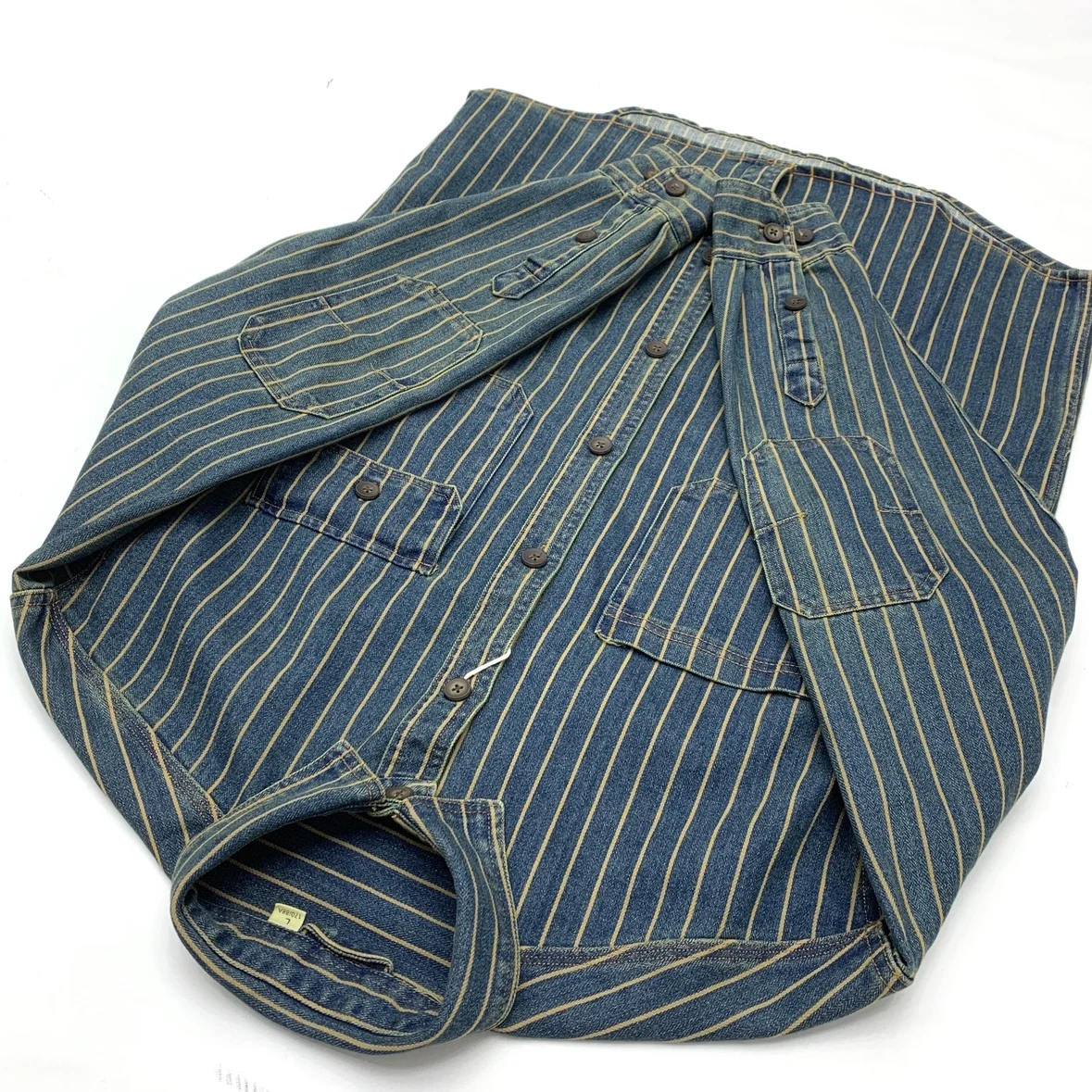 

Heavy wash to make old striped shirt men's heavy chunky cargo denim jacket Autumn vintage Amei khaki coat