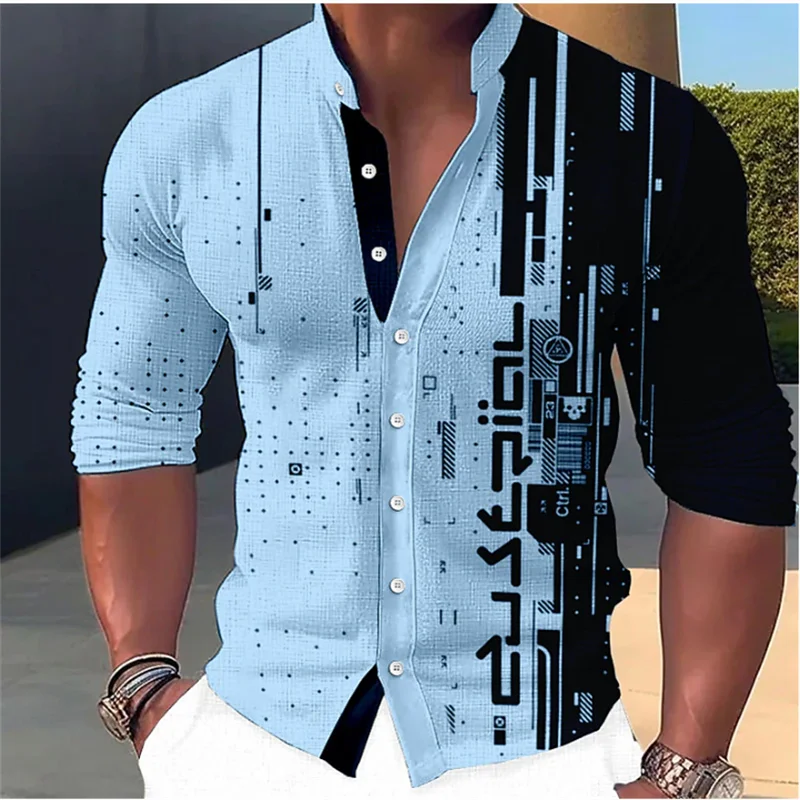 Camisa con estampado geométrico para hombre, ropa de calle blanca con cuello levantado, manga larga, diseño informal a la moda