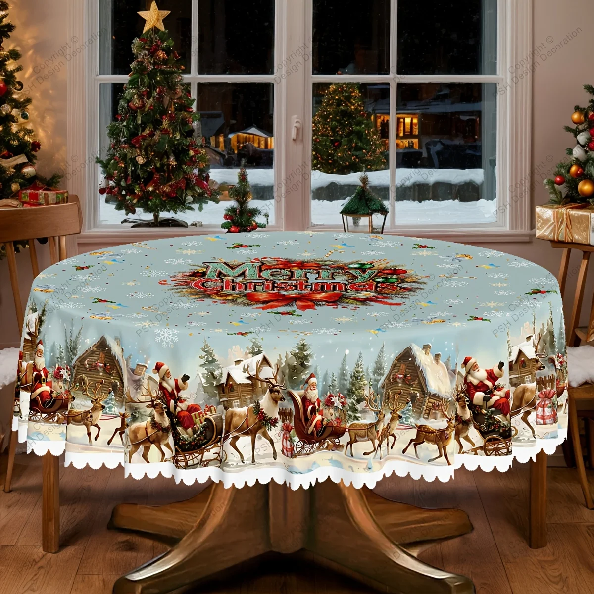 Pack of 1, Christmas New Year Themed Tablecloth, Santa Claus Christmas Tree Reindeer Red Bow Winter Snow Tablecloth