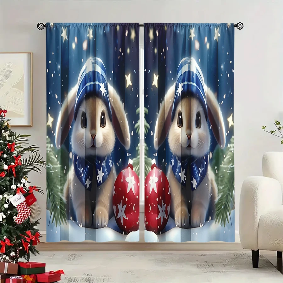 2PCS Christmas Winter Curtains, Bunny Hat Scarf Ball Star Night Snow Blue, Digital Print, Bedroom Living Room, Home Decor