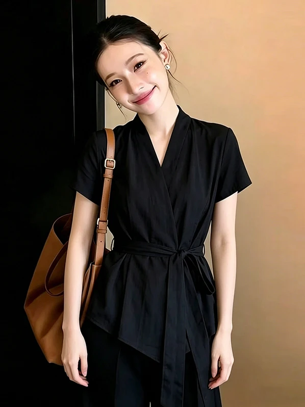 

plus Size Women's Shirt V-Neck Tie Waist Short Sleeve Korean Style Commute Fashion Summer Slimming Versatile Top
