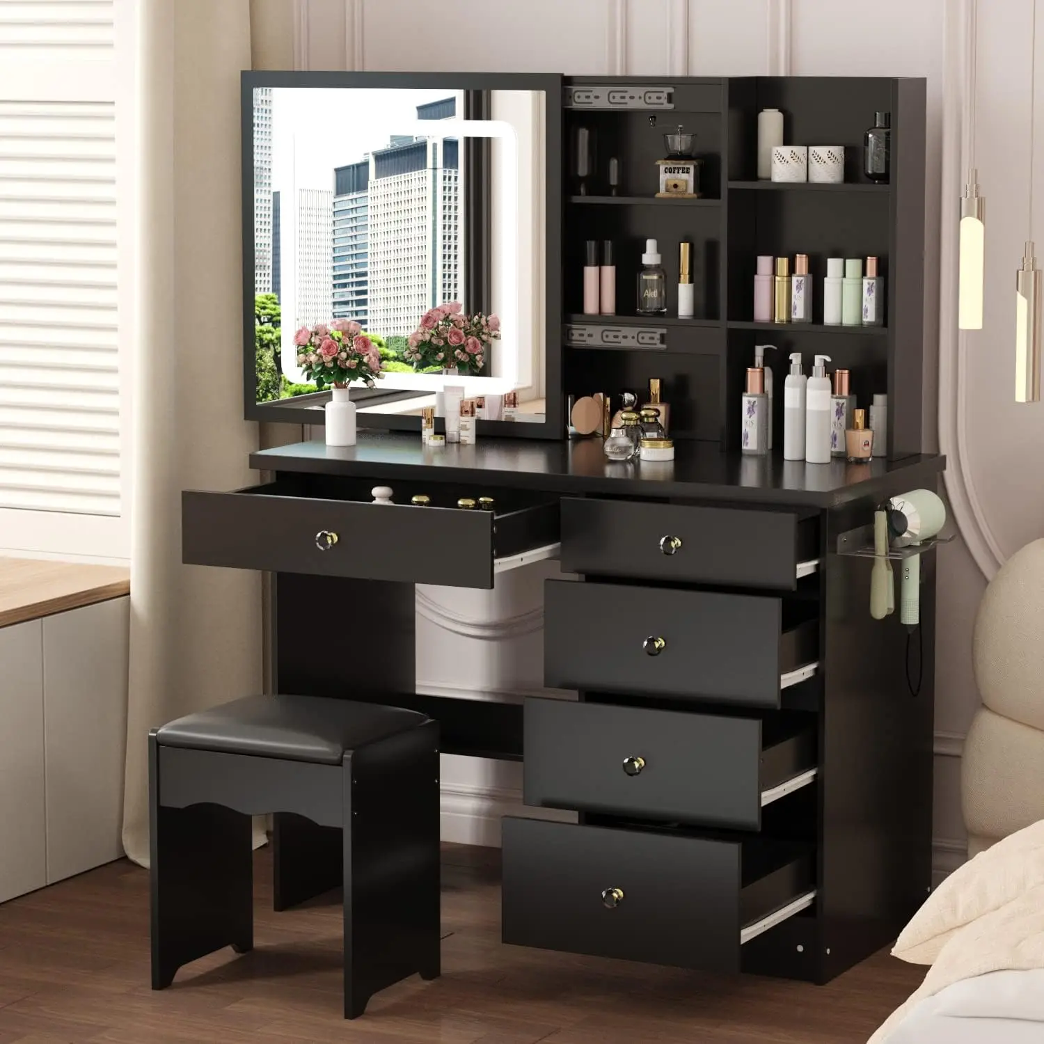 

Vanity Desk Set Makeup Table with Large Sliding Lighted Mirror, Power Strip and Hair Dryer Holder, Dressing