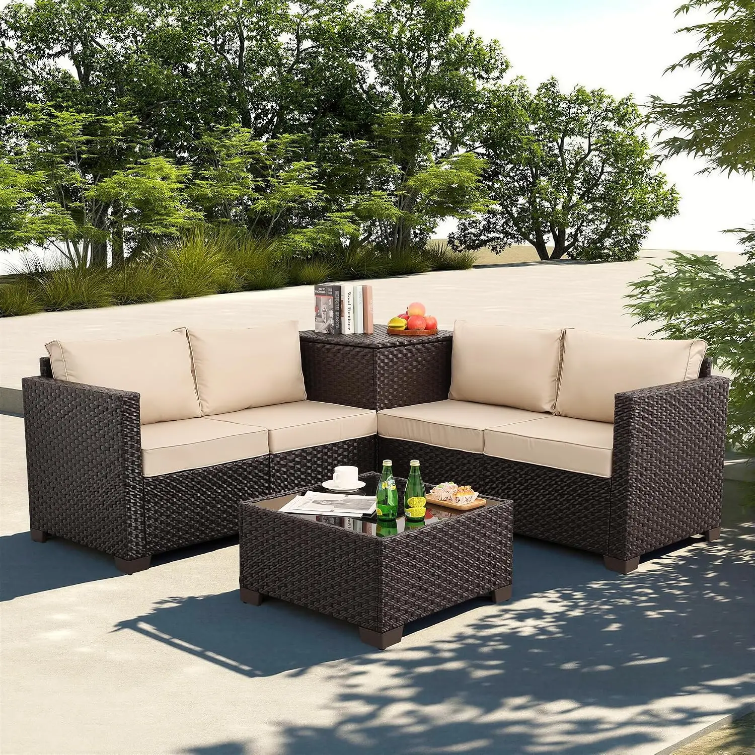 Wicker Patio Furniture Set 4 Pieces Outdoor Sectional Conversation Sofa Set with Storage Box and Glass Table, Customized