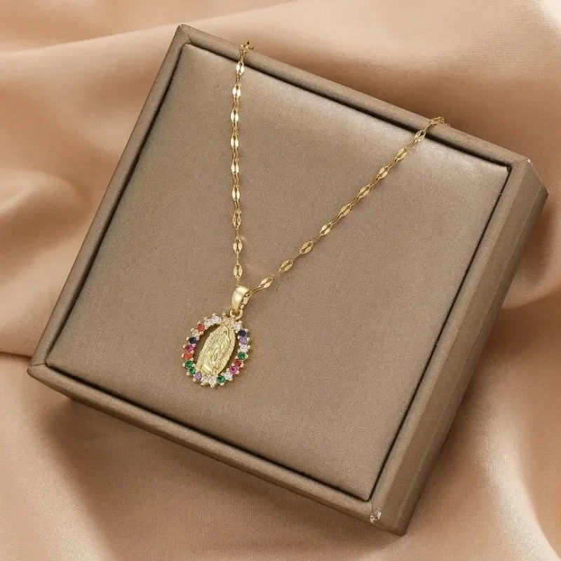 European and American Fashion and Gorgeous Women\'s All Sky Star Micro Inlaid Colorful Zircon Virgin Mary Hollow Necklace