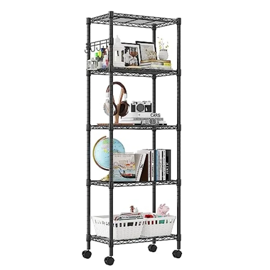 

5 Tier Wire Shelving Unit on Wheels Adjustable Storage Racks Heavy Duty Rolling Metal Shelves with Side Hooks for Laundry Bathr