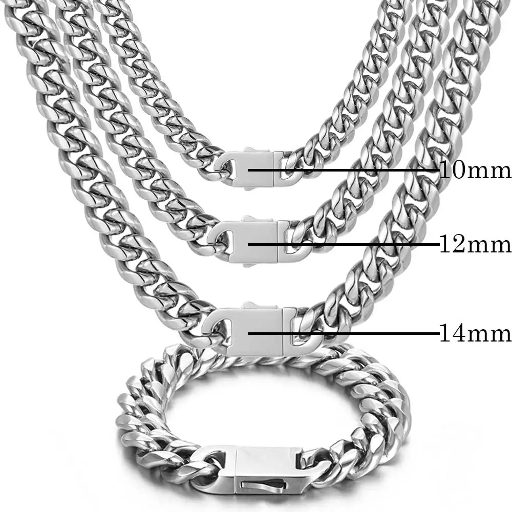 8-16mm 316L Stainless Steel Hip Hop Jewelry Curb Miami Cuban Link Chain Necklace Bracelet Gift for Men Women