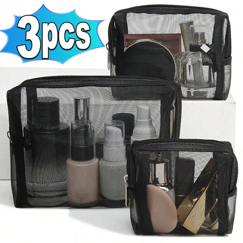 Trousse de toilette en maille noire, trousse de maquillage de voyage, petit, grand étui, étuis à cosmétiques, rangement d'articles de toilette, sac à main, poudres, 1 pièce, 3 pièces