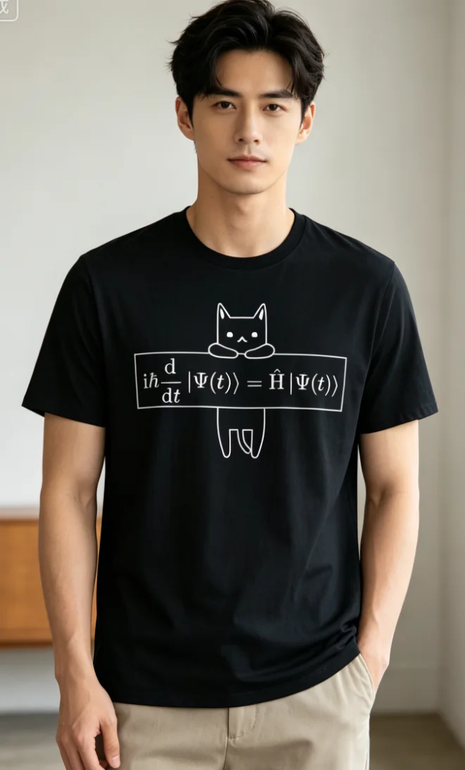 T-shirt pour homme avec motif chat équation de Schrödinger, noir, manches courtes, col rond, décontracté, thème scientifique, pour enseignants